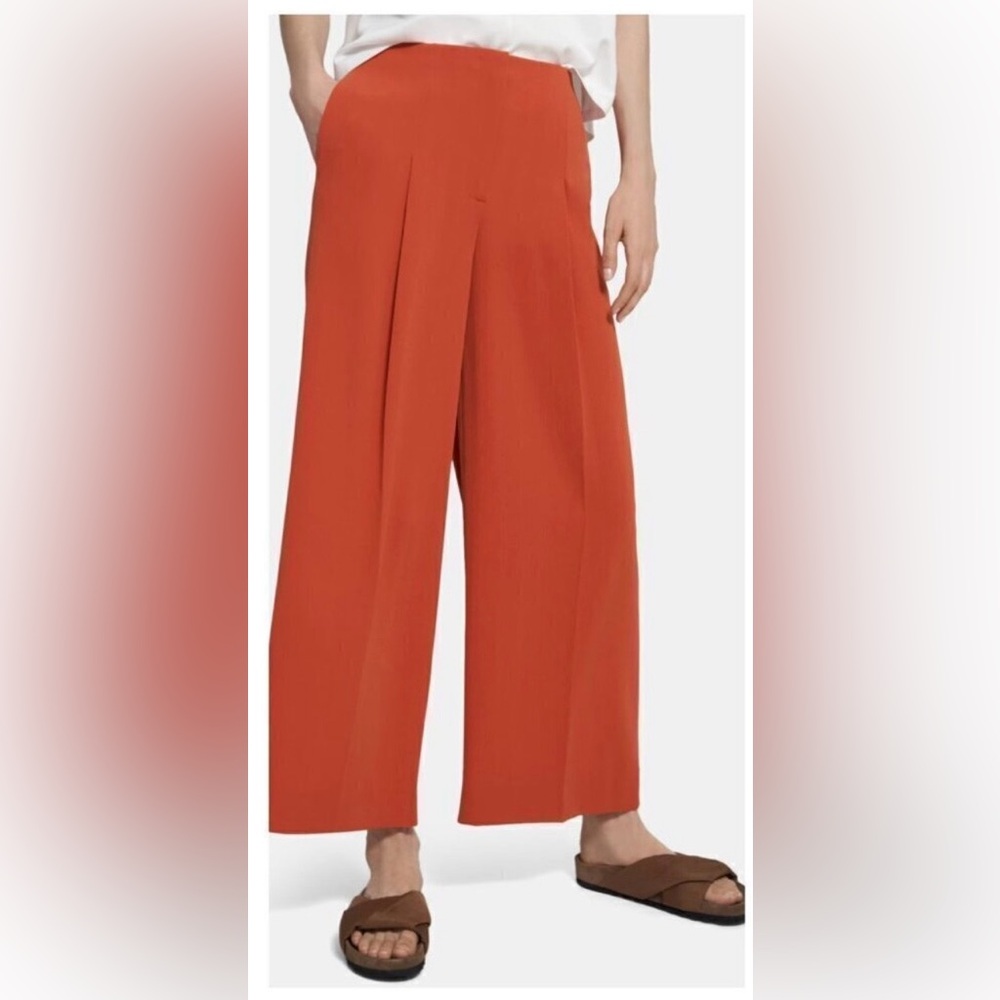Theory High Waist Wide-Leg Pleated Pants Admiral Stripe Poppy Orange - Size 8 - Picture 9 of 9
